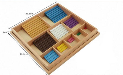 Wooden decanomial square for visual size and color discrimination