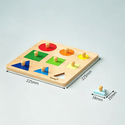 Angled view of a Montessori wooden shapes knob puzzle showing removable geometric pieces for early learning and hand-eye coordination.