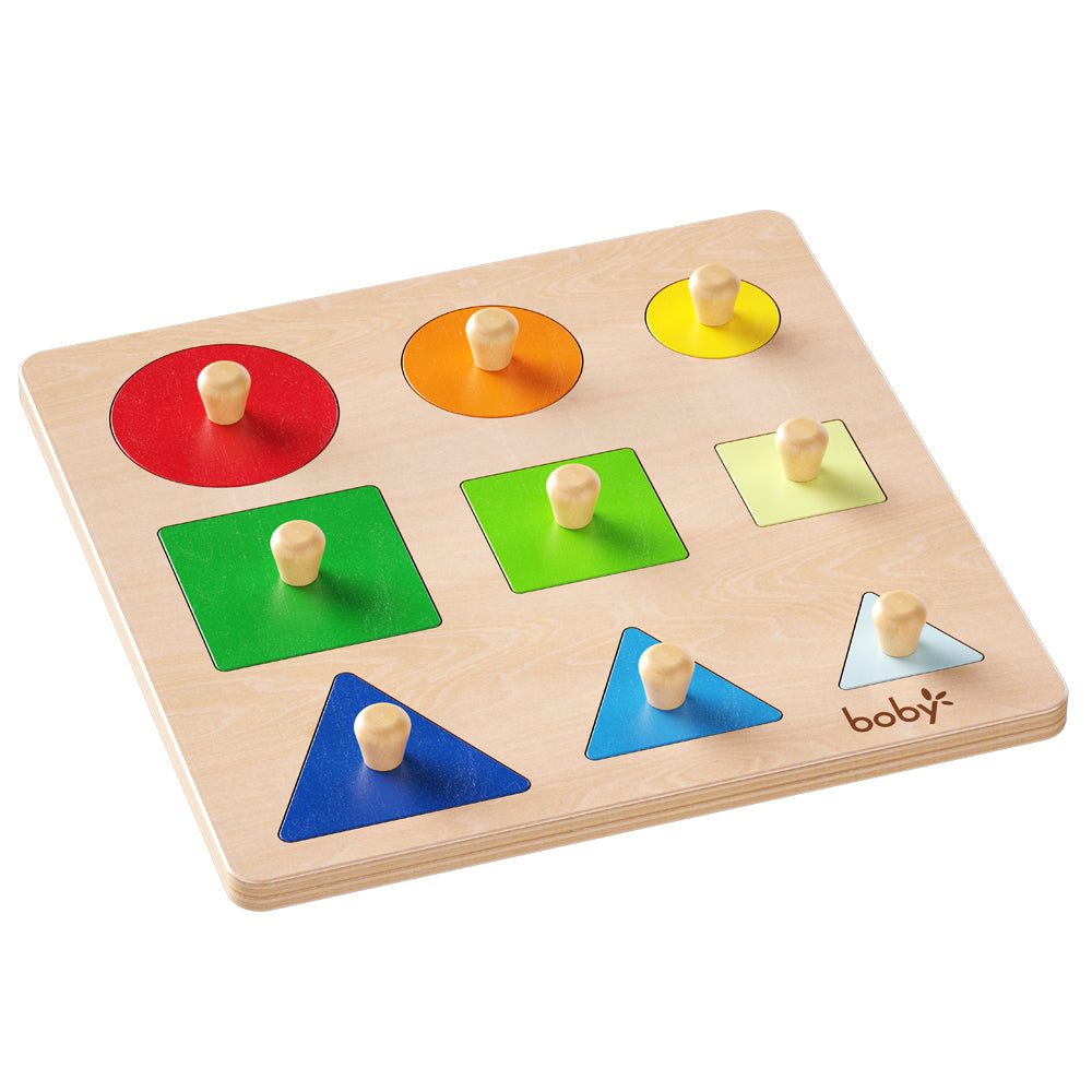 Montessori wooden shapes knob puzzle board with easy-grip knobs for toddlers to develop shape recognition and fine motor skills.