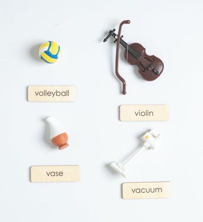 Montessori sound objects for letters Q to T in phonics activity set