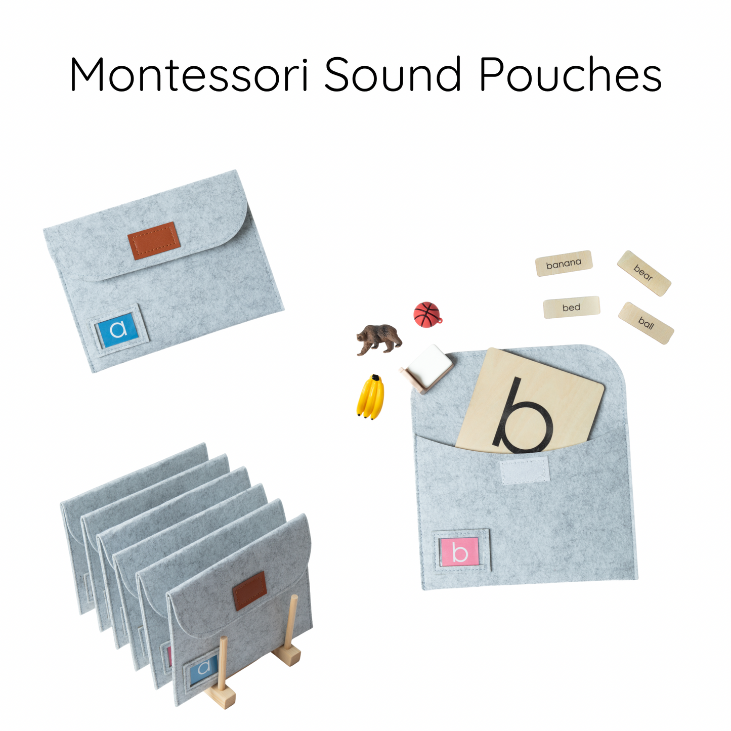 Montessori sound pouches with print letter cards and 104 phonics objects