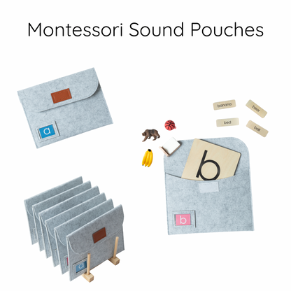 Montessori sound pouches with print letter cards and 104 phonics objects