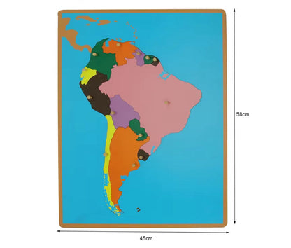 Montessori South America puzzle map with size measurements indicating board height and width for classroom or homeschool use
