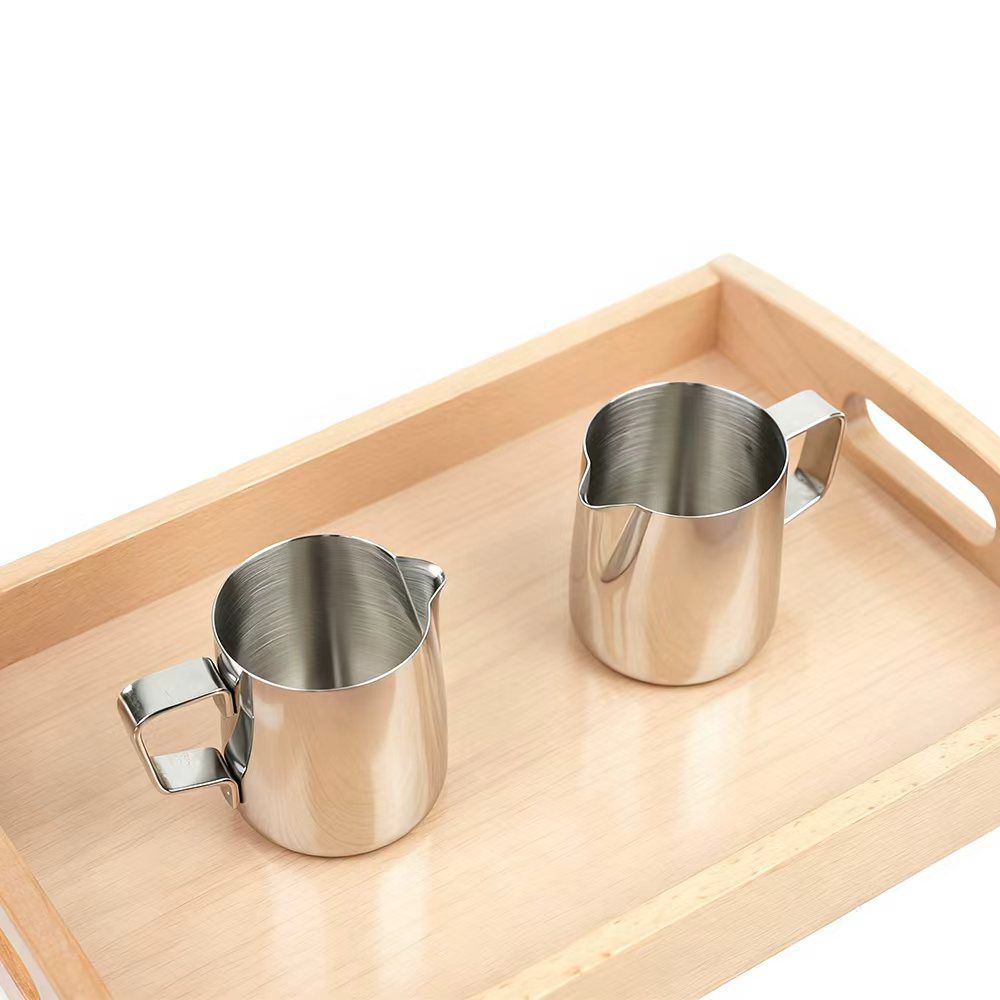 Stainless steel pitcher 150 ml on wooden tray for Montessori liquid pouring activity
