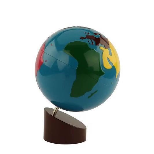 Montessori-style educational globe on wooden stand for early geography learning