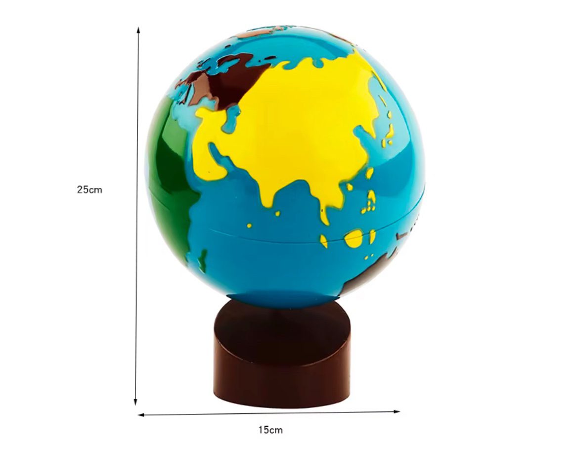 Montessori-style educational globe with dimensions suitable for classroom and home learning