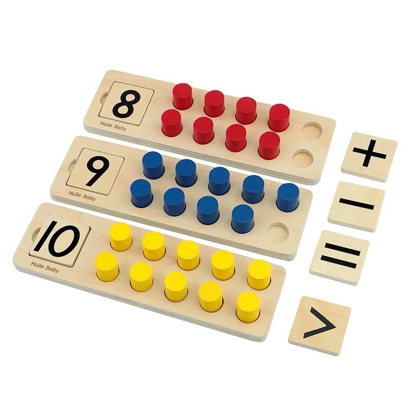 Montessori ten frame math set with wooden number boards, colored counters, and arithmetic symbols for counting and operations