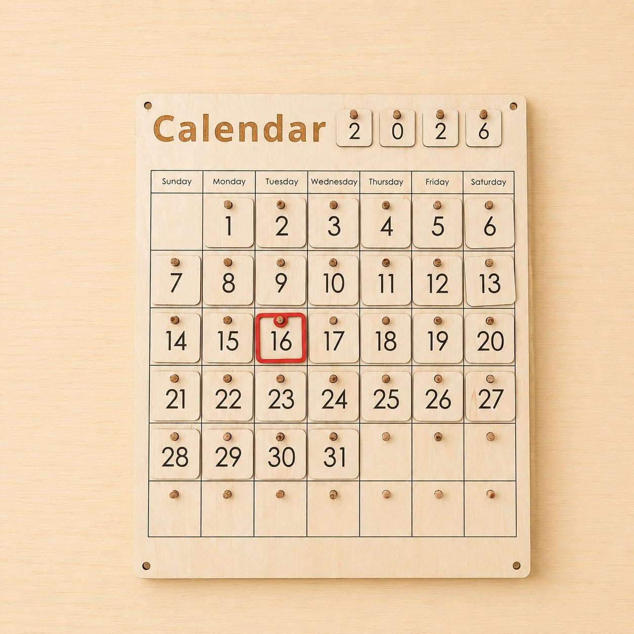 Montessori wooden calendar board with movable dates and year numbers