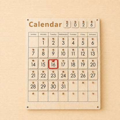 Montessori wooden calendar board with movable dates and year numbers