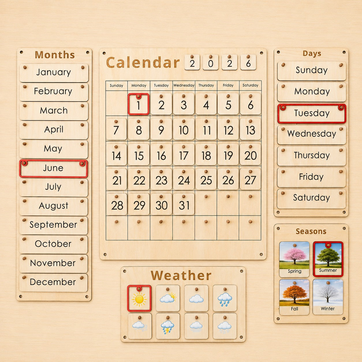 Wooden Montessori calendar set with months, calendar, days, weather and seasons boards