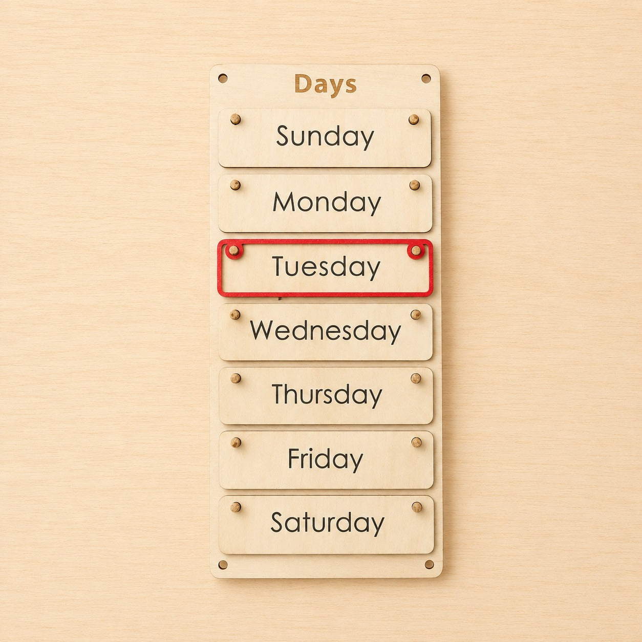 Montessori wooden days of the week board with movable day cards