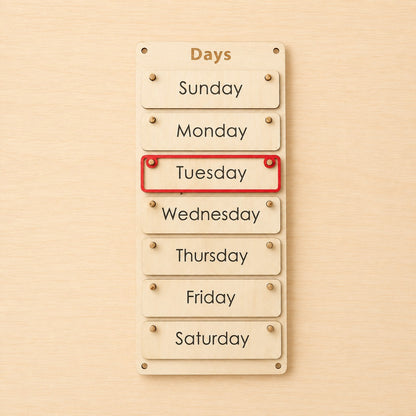 Montessori wooden days of the week board with movable day cards