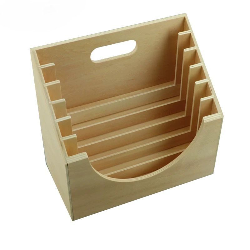 Montessori wooden dressing frame stand holding six frames, practical life storage organizer for Montessori classrooms