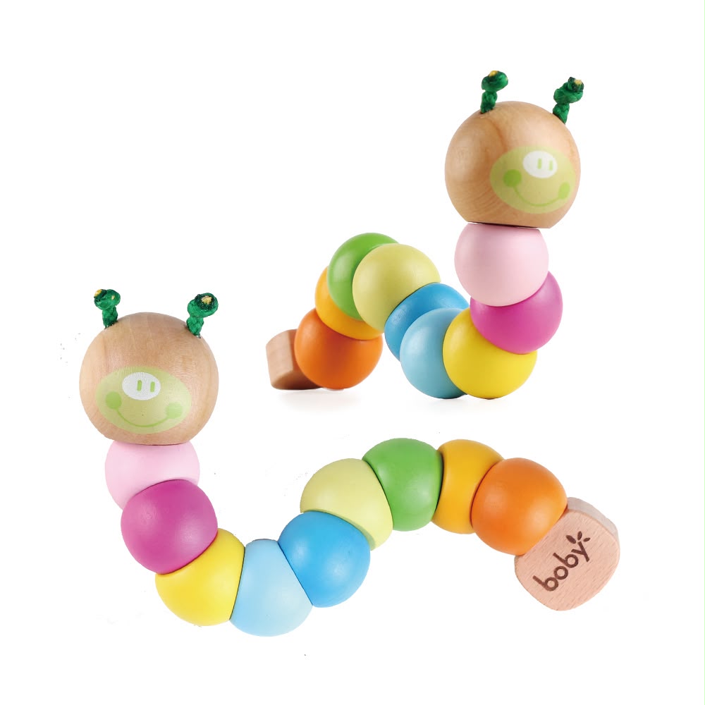 Montessori wooden flexible caterpillar toy with colorful movable beads, designed to develop fine motor skills, sensory exploration, hand-eye coordination, and imaginative play for babies and toddlers.