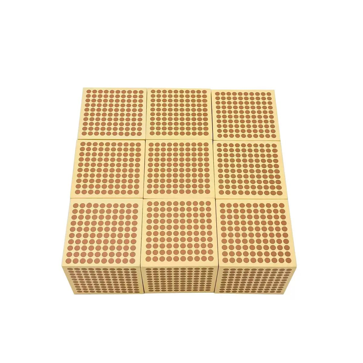 Montessori Wooden Thousand Cubes Set of 9 math material featuring nine wooden thousand cubes arranged in a grid, with an additional cube displayed separately. Educational Montessori mathematics learning tool for teaching place value, counting, and number concepts.