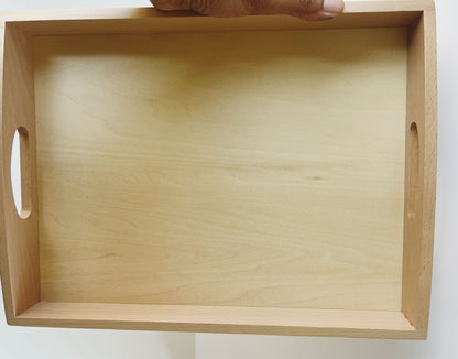 Back view of Montessori wooden tray with raised edges for activity work