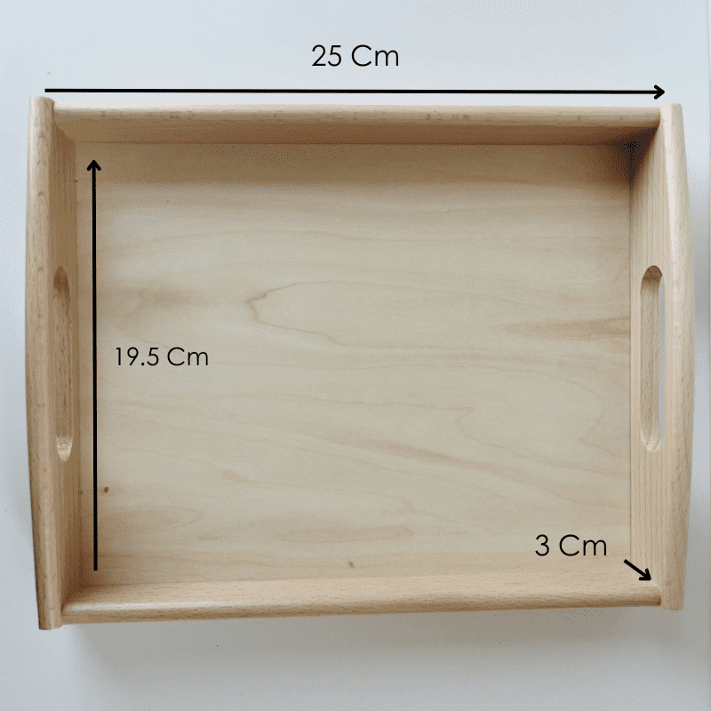 Montessori wooden tray with dimensions 25 x 19.5 x 3 cm for practical life activities