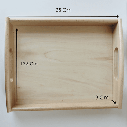 Montessori wooden tray with dimensions 25 x 19.5 x 3 cm for practical life activities