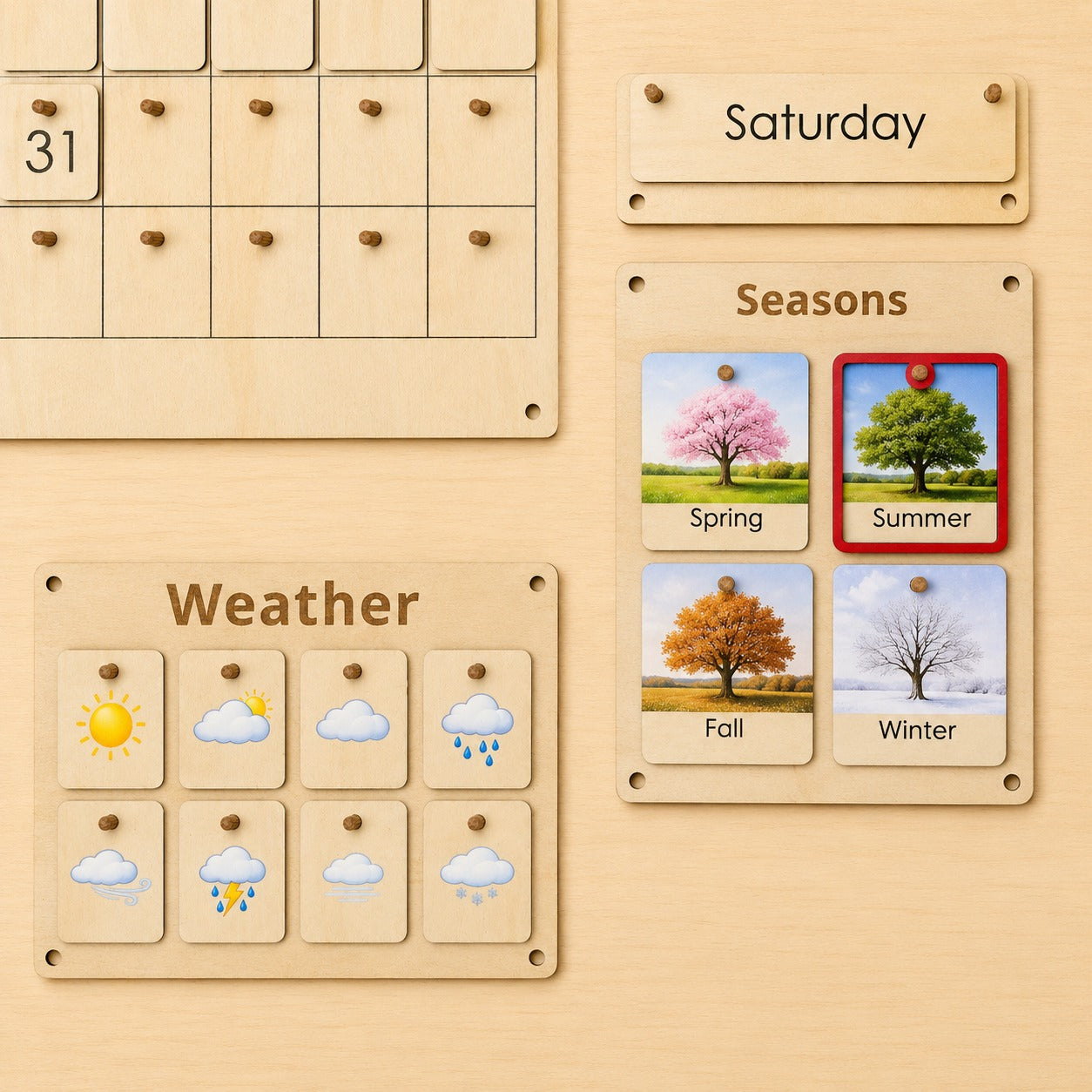 Montessori wooden weather board with sunny, cloudy, rainy, windy and snowy weather cards