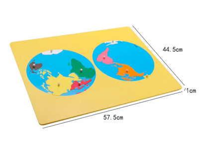 Montessori world parts puzzle map with knobbed continents placed on wooden board for geography education