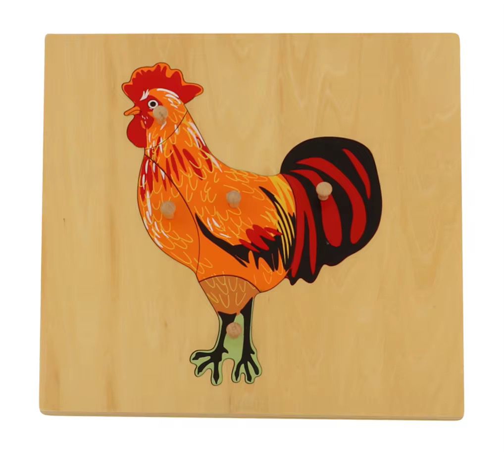 Montessori Zoology - Rooster Puzzle with Wooden Knobs