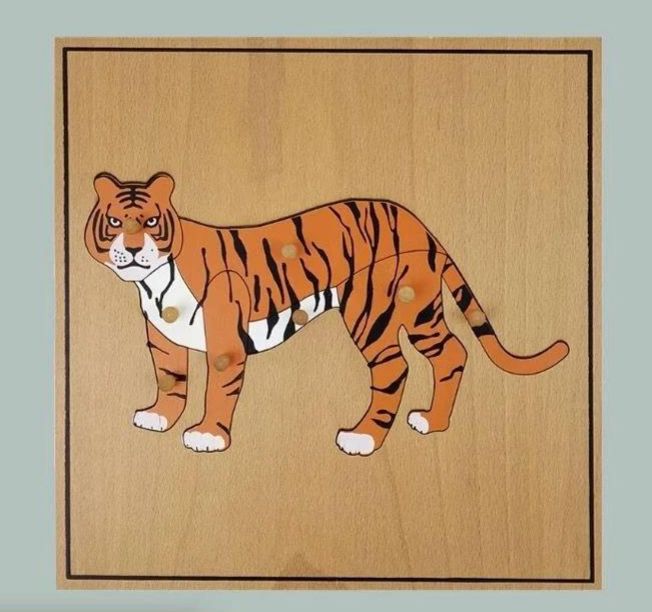Montessori zoology tiger wooden knob puzzle for children to learn wild animals and develop fine motor skills