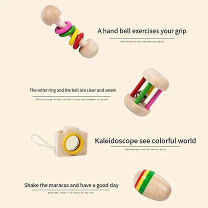 Wooden Baby Rattle Toy Set – 6-Piece Sensory Development Toys for Infants and Toddlers