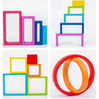 Rainbow Stacking and Nesting Wooden Blocks – Montessori-Inspired Shape Sorting Toy for Toddlers