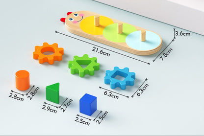 Top view of a Montessori wooden gear shape sorting puzzle featuring colorful interlocking gears and removable geometric pieces for early learning, logical thinking, and fine motor development.