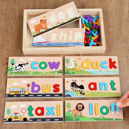 Wooden Spelling Puzzle with Lowercase Letters - Phonics and Word Matching Game for Preschoolers