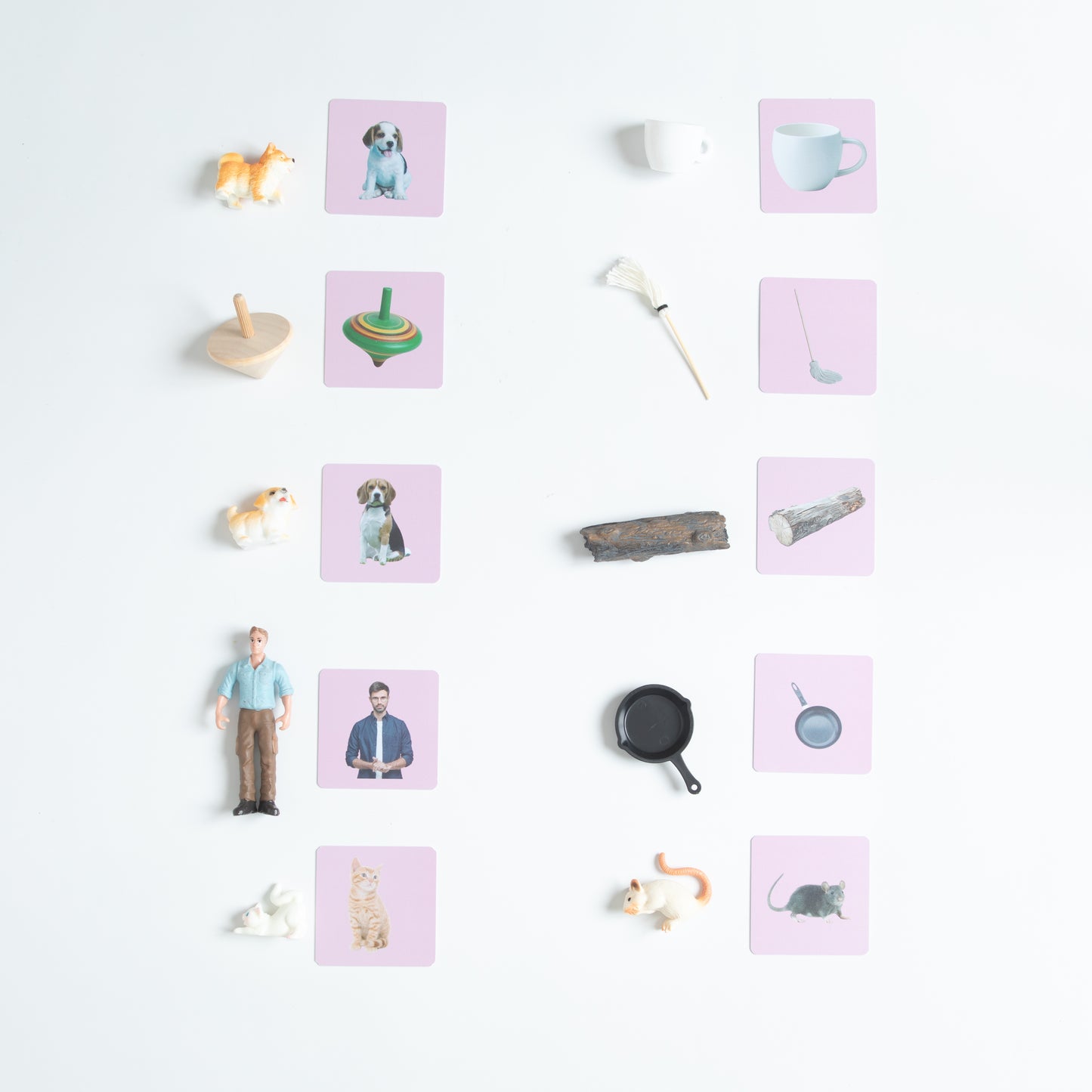 Montessori Pink Series rhyming words matching cards with miniature objects arranged for phonetic reading and word family practice