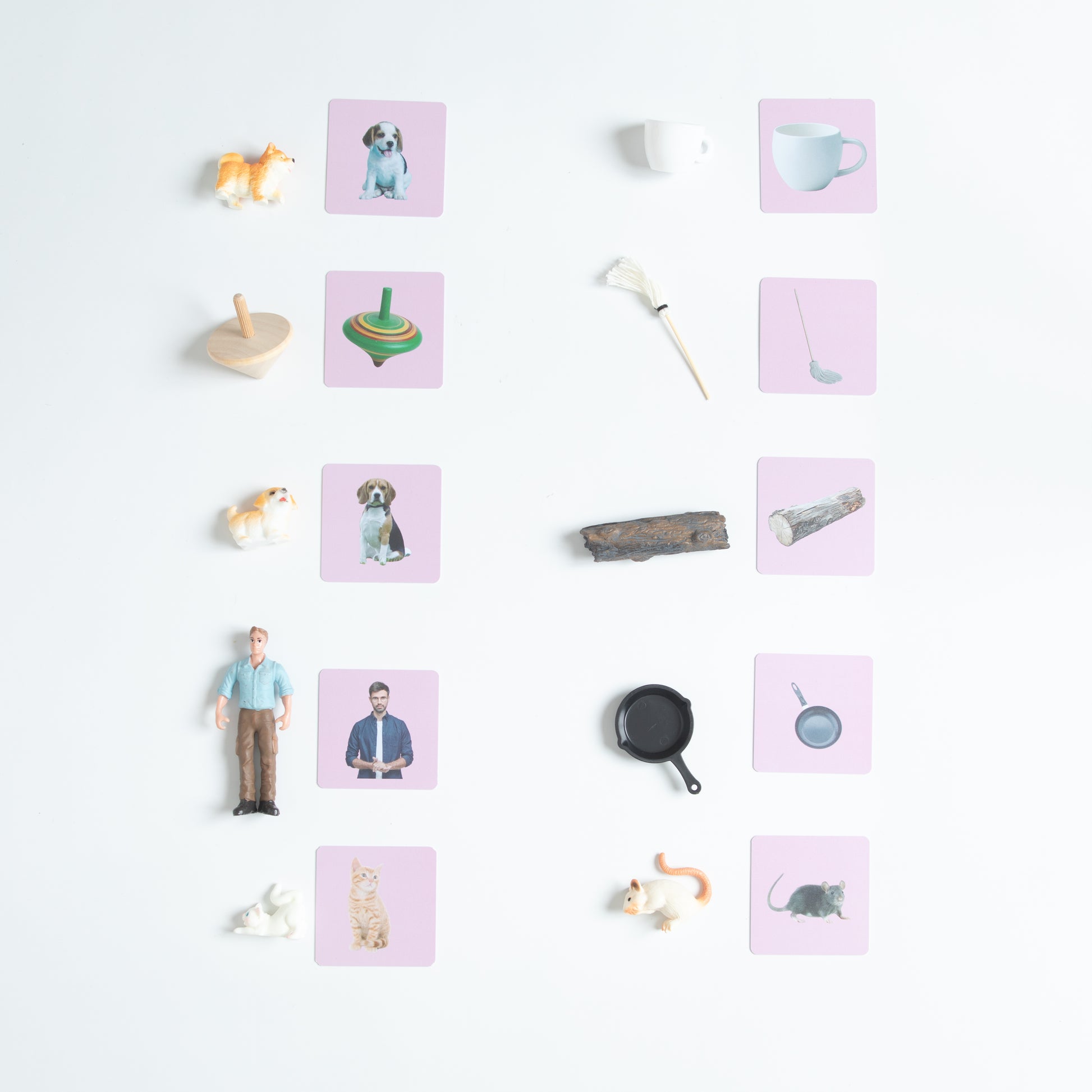 Montessori Pink Series rhyming words matching cards with miniature objects arranged for phonetic reading and word family practice