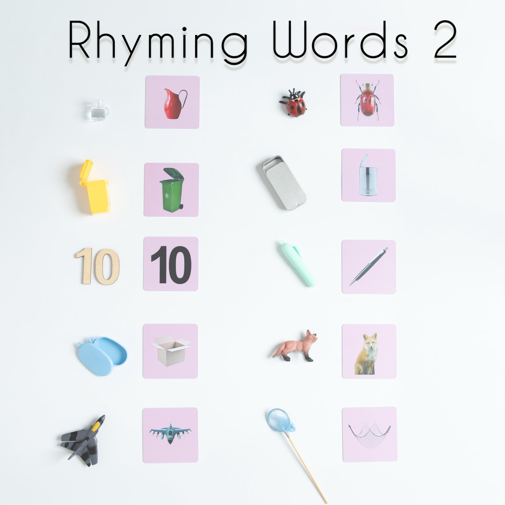 Montessori Pink Series rhyming words matching activity with three-letter phonetic word families for preschool and kindergarten language learning