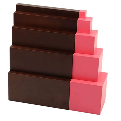 Montessori wooden Pink Tower showing size progression