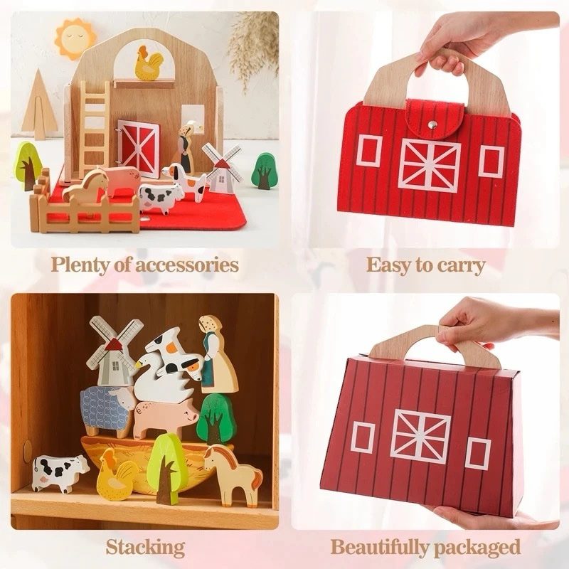 Wooden Farm Pretend Play Set – Barn, Tractor and Animal Figures in Carry Case for Toddlers