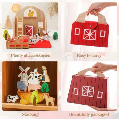 Wooden Farm Pretend Play Set – Barn, Tractor and Animal Figures in Carry Case for Toddlers