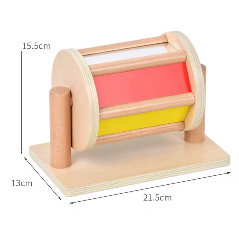 Wooden rainbow spinning drum with dimensions for toddler sensory play
