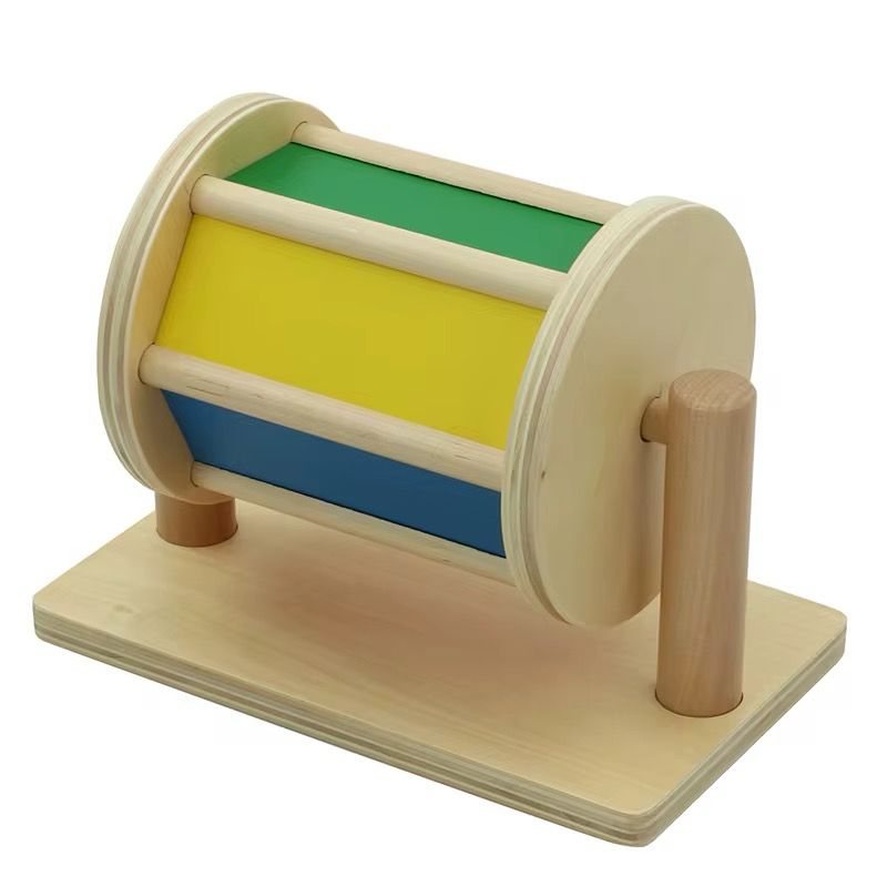 Rainbow spinning drum wooden sensory toy for infants with rotating color panels