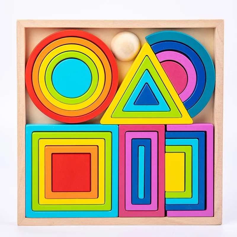 Rainbow stacking and nesting wooden blocks Montessori toy for toddlers learning shapes and colors
