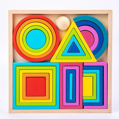 Rainbow stacking and nesting wooden blocks Montessori toy for toddlers learning shapes and colors