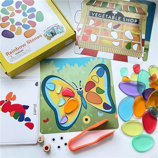 Rainbow transparent pebbles for light table play, color sorting, and fine motor activities