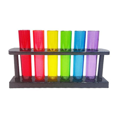 Close-up of rainbow test tubes for color mixing and measurement activities