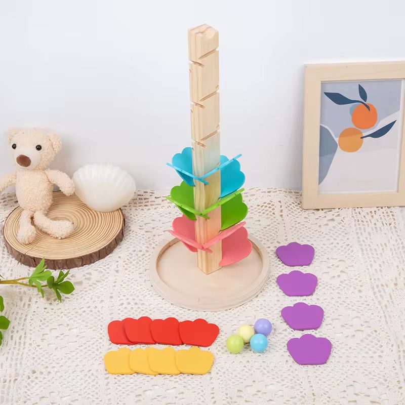 Wooden Rainbow Leaf Tower Ball Run - Sensory Sound Toy for Visual Tracking and Cause-and-Effect Play
