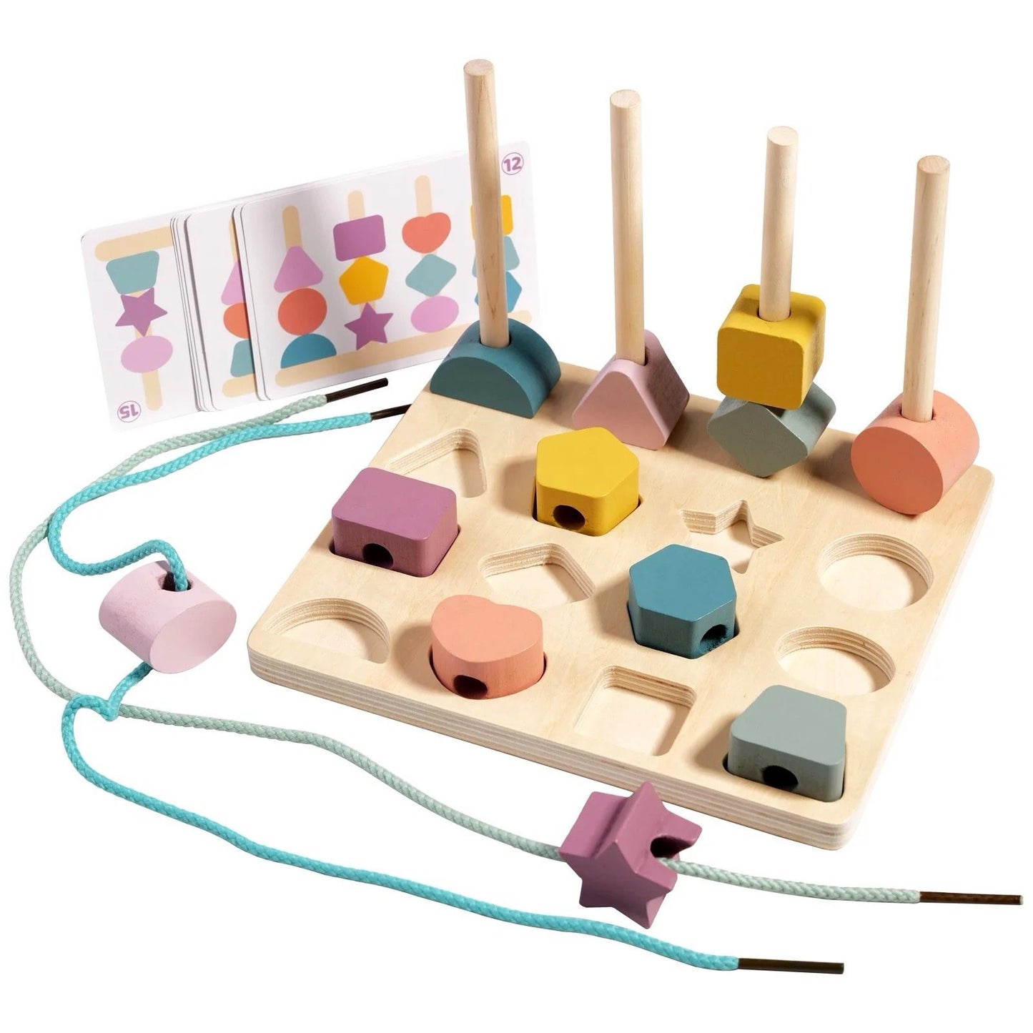 Montessori Shape Stacking and Lacing Activity Board – Fine Motor Skills, Color and Pattern Matching Toy