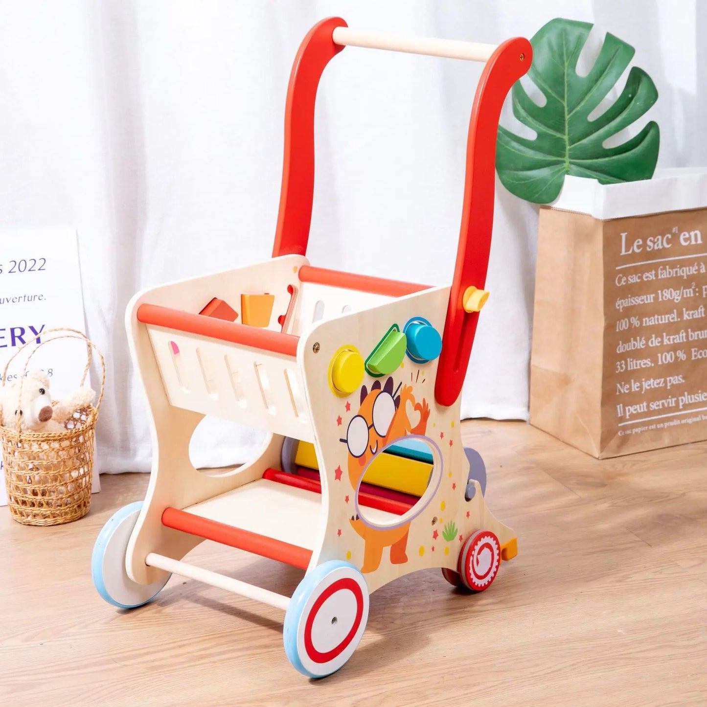 Wooden Multifunctional Shopping Cart – Pretend Play, Shape Sorting and Toy Storage for Toddlers and Preschoolers
