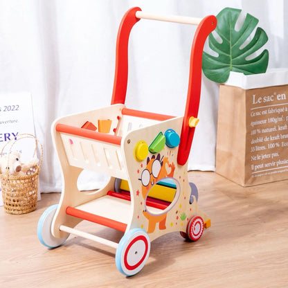 Wooden Multifunctional Shopping Cart – Pretend Play, Shape Sorting and Toy Storage for Toddlers and Preschoolers