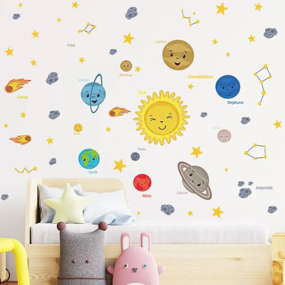 Solar system wall sticker applied in classroom for Montessori space and astronomy learning