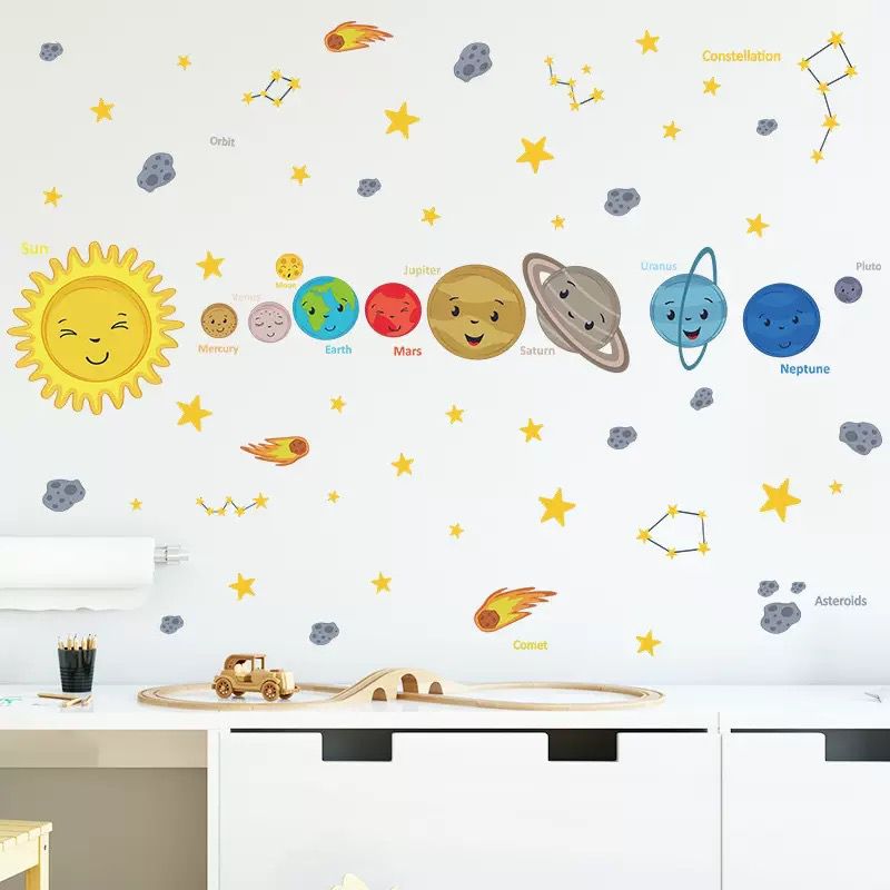 Solar system wall sticker set with planets sun stars for kids learning decor