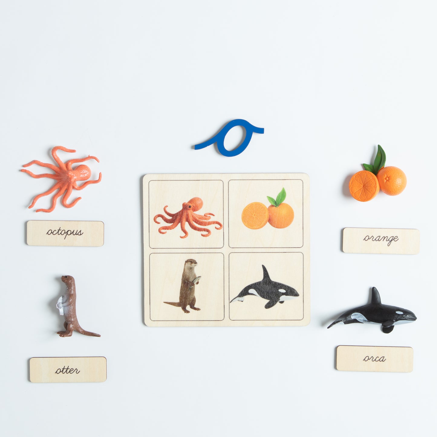 Montessori sound pouch for letter A with cursive card and real objects