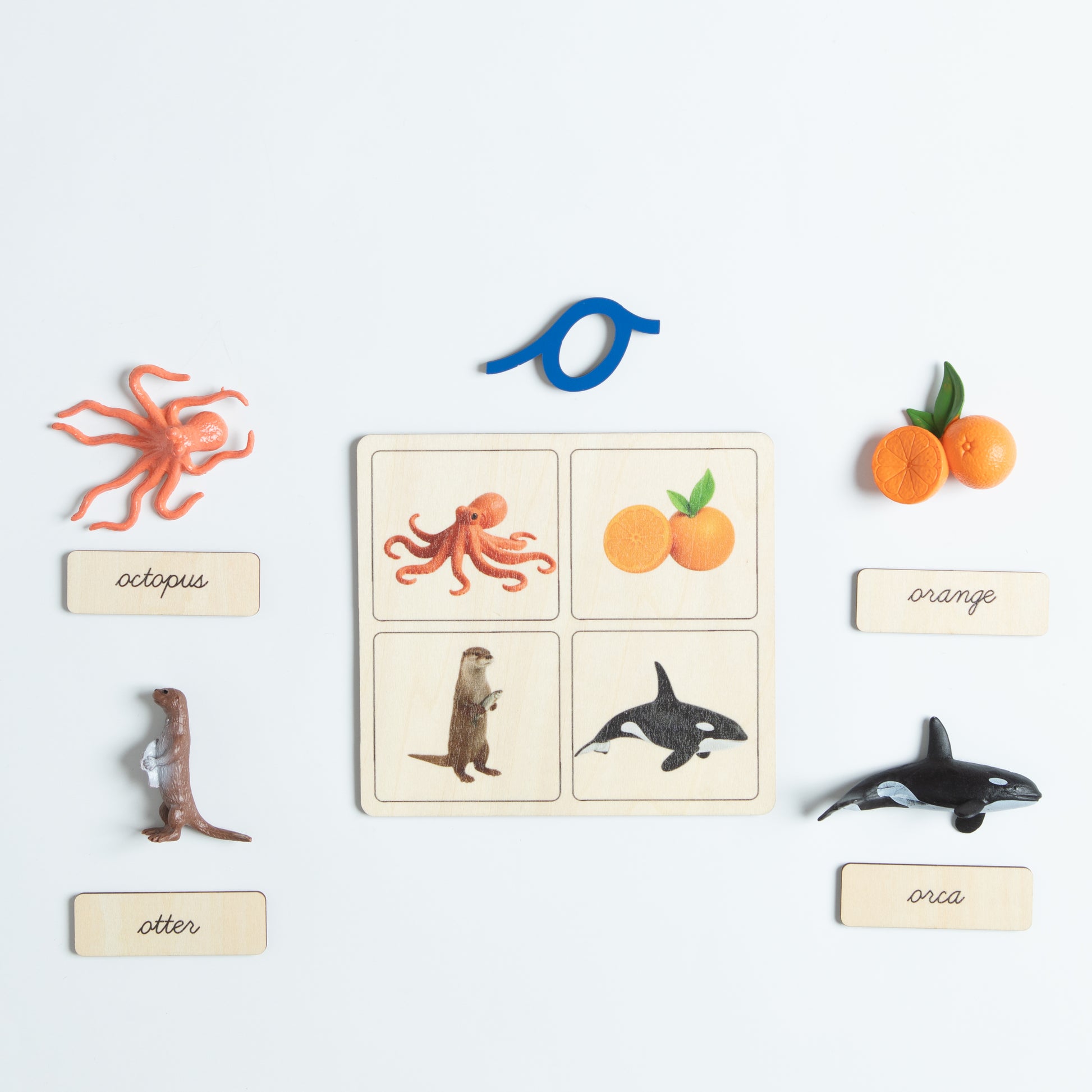Montessori sound pouch for letter A with cursive card and real objects